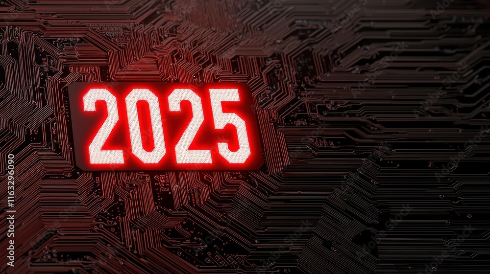 Poster a futuristic digital display board showcasing the year 2025 surrounded by an intricate pattern of ci