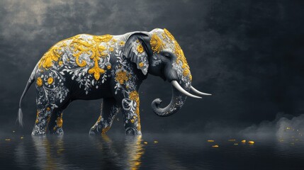 Obraz premium A mythical golden elephant with bright yellow highlights and soft white embellishments, floating on calm water against a dramatic dark grey background.