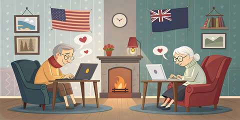 Elderly couple video chatting on laptops by the fireplace. Cartoon illustration of online relationships