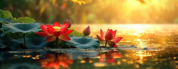 Vibrant Red Lotus Flowers Reflecting in a Tranquil Lake at Sunset
