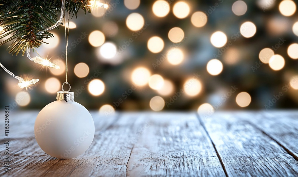 Wall mural A white Christmas ornament hangs from a tree branch with blurred lights.