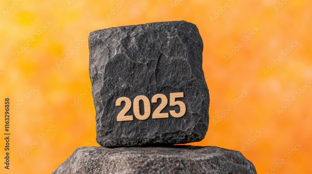 Poster dramatic solar eclipse casting its shadow over the numbers 2025 carved into a mysterious monolith or