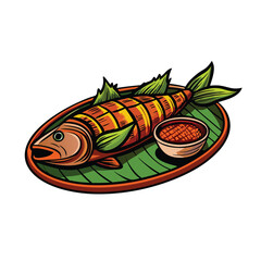 Create a vibrant vector illustration of a grilled Pla Pao fish, whole and wrapped in banana leaves, showcasing its glistening texture and smoky char marks.