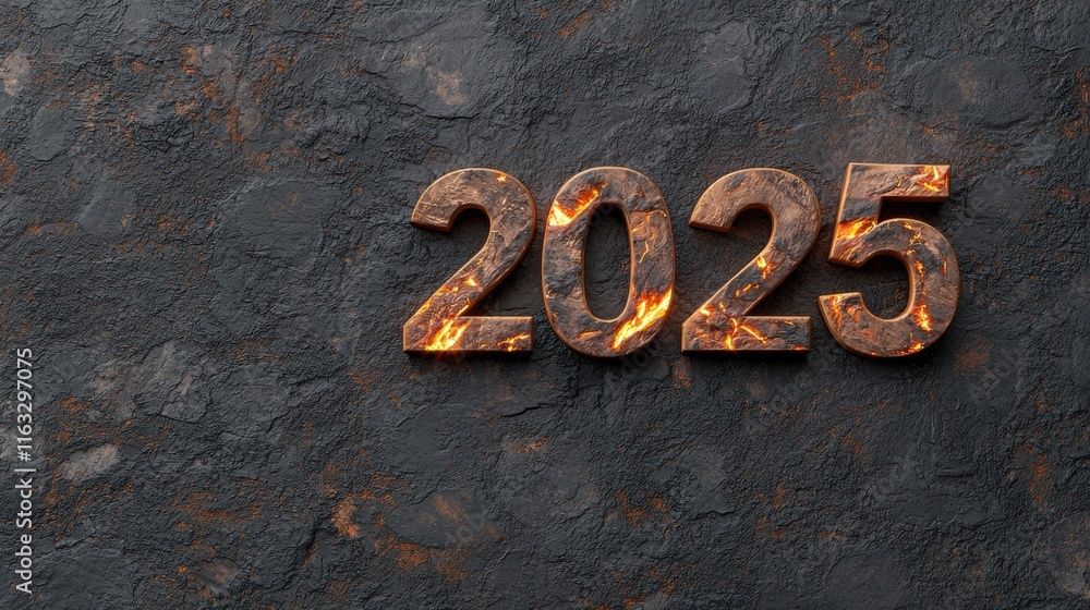 Poster emerging numbers 2025 from molten lava fiery reds abstract background futuristic 3d render with dime