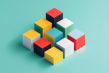 Obraz premium A cluster of colorful, geometric cubes forms an abstract design. Various colors and sizes create a visually appealing composition on a teal background.