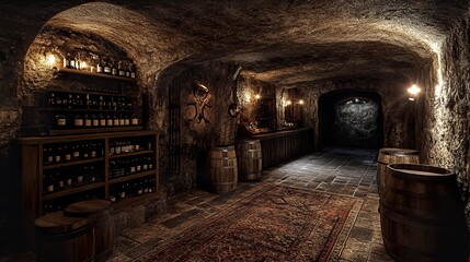 Fototapeta premium A Dark and Mysterious Wine Cellar: Exploring the depths of an ancient wine cave