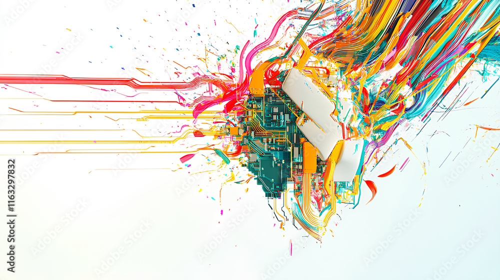 Poster ai symbol adorned with complex circuit layout on a white background. surrounded by colorful, flowing
