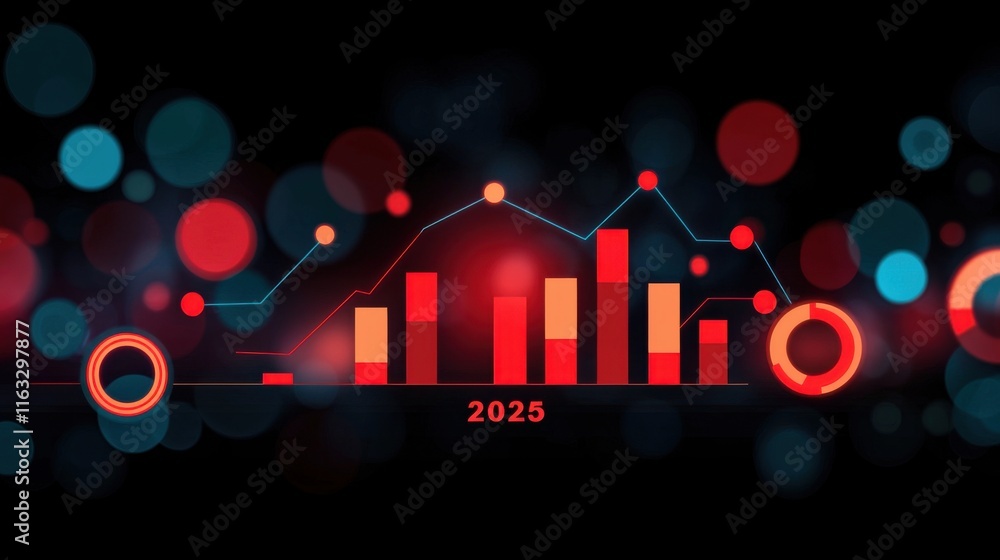 Poster futuristic business graph visualization showcasing a 2025 peak surrounded by vibrant data analytics 