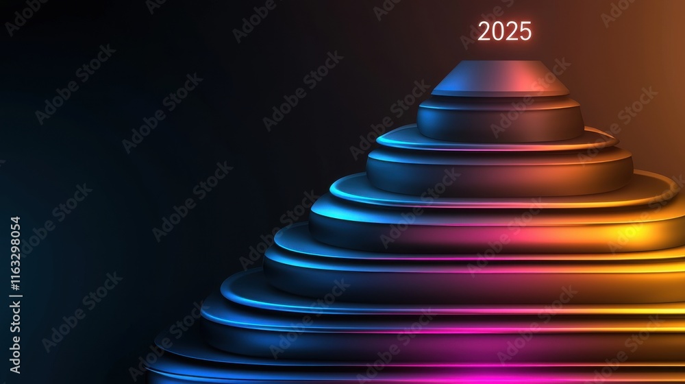 Poster futuristic digital progress chart with 2025 written at the summit of an abstract staircase visualiza
