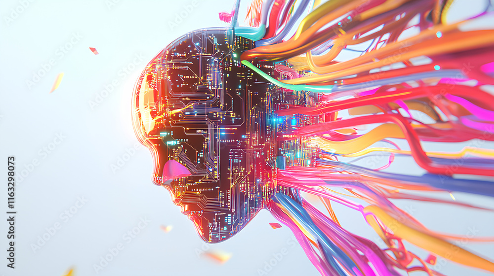 Poster ai symbol adorned with complex circuit layout on a white background. surrounded by colorful, flowing