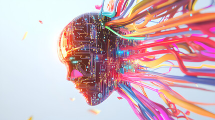 AI symbol adorned with complex circuit layout on a white background. Surrounded by colorful, flowing elements 