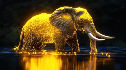 A premium elephant sculpture with a glowing yellow body and detailed white tusks, resting on reflective water; animated droplets add dynamic realism.