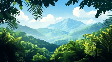 Fototapeta premium mountain landscape with a dense jungle forest and a blue sky