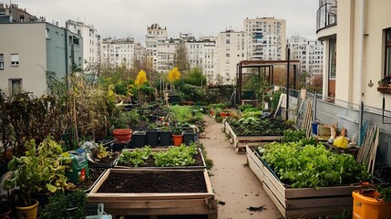 Fototapeta premium Urban Rooftop Garden in Paris: A Thriving Community Garden Amidst City Buildings