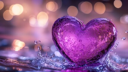 Fototapeta premium A premium heart in vibrant pink with intricate purple patterns, surrounded by dynamic ripples and water splashes under bright studio lights.