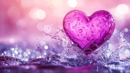 Obraz premium A premium heart in vibrant pink with intricate purple patterns, surrounded by dynamic ripples and water splashes under bright studio lights.