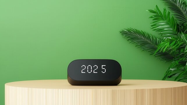 Sophisticated digital clock displaying the futuristic year 2025 set against a serene nature inspired backdrop with lush green foliage creating a modern and sustainable ambiance for office or home