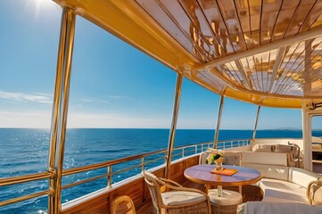 As warm, golden sun rose over tranquil, azure waters, passenger vessel embarked on its summertime vacation journey, offering a wide-angle view of breathtaking coastal landscape, with vibrant hues of .