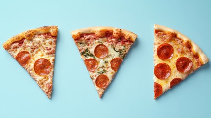 Four types of pizza slices and seamless vector. pastel blue background.