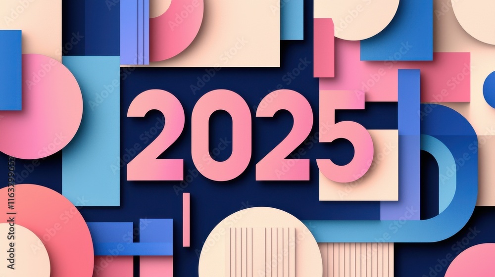 Poster vibrant and minimalist abstract geometric pattern with the year 2025 integrated designed for corpora