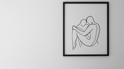 A black and white line drawing of two figures embracing, framed and hanging on a white wall.
