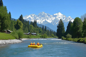 Fototapeta premium Adventure seekers enjoy whitewater rafting on a vibrant river surrounded by mountains