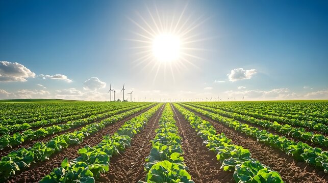 Vast Green Farmland with Wind Turbines under a Bright Sunny Sky - Powered by Adobe