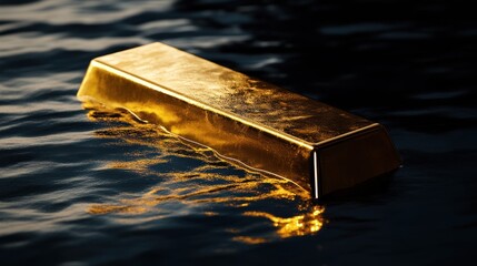 A sleek gold bar with sharp edges and a polished finish, floating on calm water; the black background and vibrant gold tones enhance contrast.