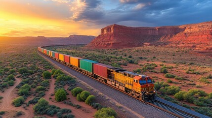 A freight train travels through a desert landscape at sunset, showcasing vibrant colors.