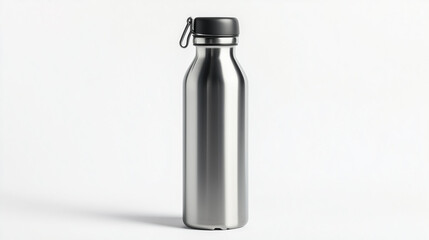 Stainless steel water bottle with a secure lid isolated on white background for outdoor use
