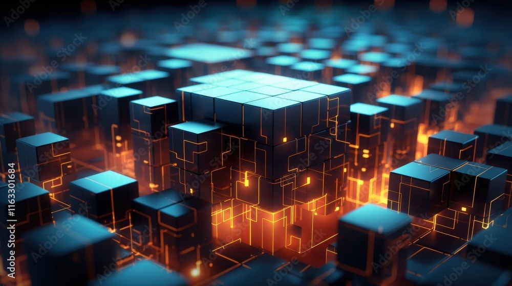 Poster intricate digital landscape of glowing blocks in a cybernetic world of infinite possibilities and da