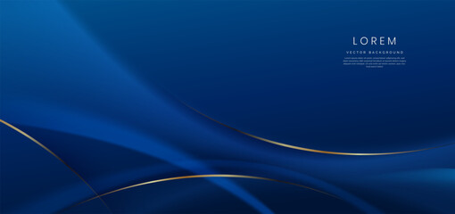 Abstract 3d curved blue shape on blue background with golden lines lighting effect and copy space for text. Luxury design style.