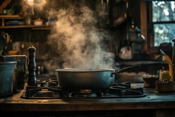 Steam Rising from a Pot on a Rustic Kitchen Stove with Wooden Countertop Surrounded by Cooking Utensils and Warm Light in a Cozy Home Environment
