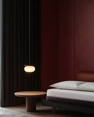 Modern Bedroom Interior with Dark Red Walls and Wooden Side Table