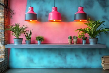 Pink and Teal Room Decor with Plants and Lights