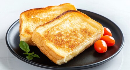 Two golden-brown grilled cheese sandwiches with cherry tomatoes on a plate.