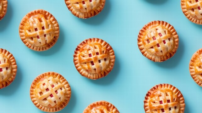 Top View of Small Round Applet Pies with Lattice Crusts on a Bright Blue Background, Perfect for Dessert Menus and Baking Inspiration