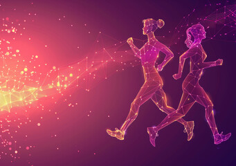 Fototapeta premium Silhouettes of people running around and in vivid digital illustration