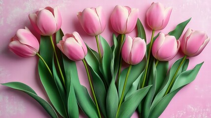 Obraz premium Beautiful pink tulips arranged elegantly on a soft pink background, showcasing vibrant colors and delicate petals in a fresh spring design