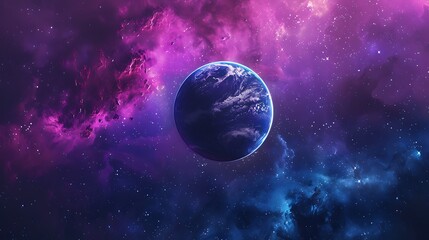Vibrant planet amidst swirling purple and blue nebula with glowing stars and cosmic dust for space exploration and interstellar discovery concept.
