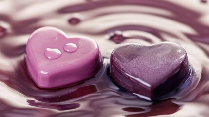 High-end chocolates shaped like hearts, one in a pastel pink coating and the other in deep purple, resting amidst ripples and animated droplets.