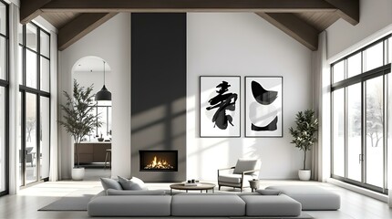 Modern minimalist living room with a fireplace, grey sofa, and large windows overlooking a snowy landscape.