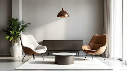 Modern minimalist living room interior design with two armchairs, a coffee table, and a cabinet, bathed in soft natural light.