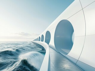 A futuristic, white bridge with circular cutouts stretches over turbulent ocean waves under a clear sky.