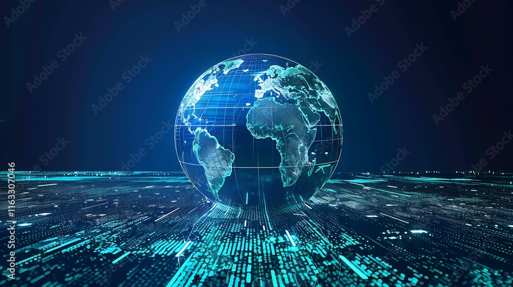 Poster digital rendering of a transparent globe over a digital data stream, symbolizing global connectivity