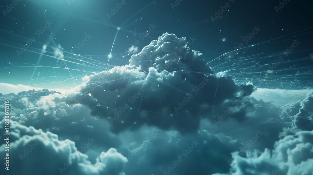 Poster abstract image depicting a cloud computing network. digital connections in a teal sky.