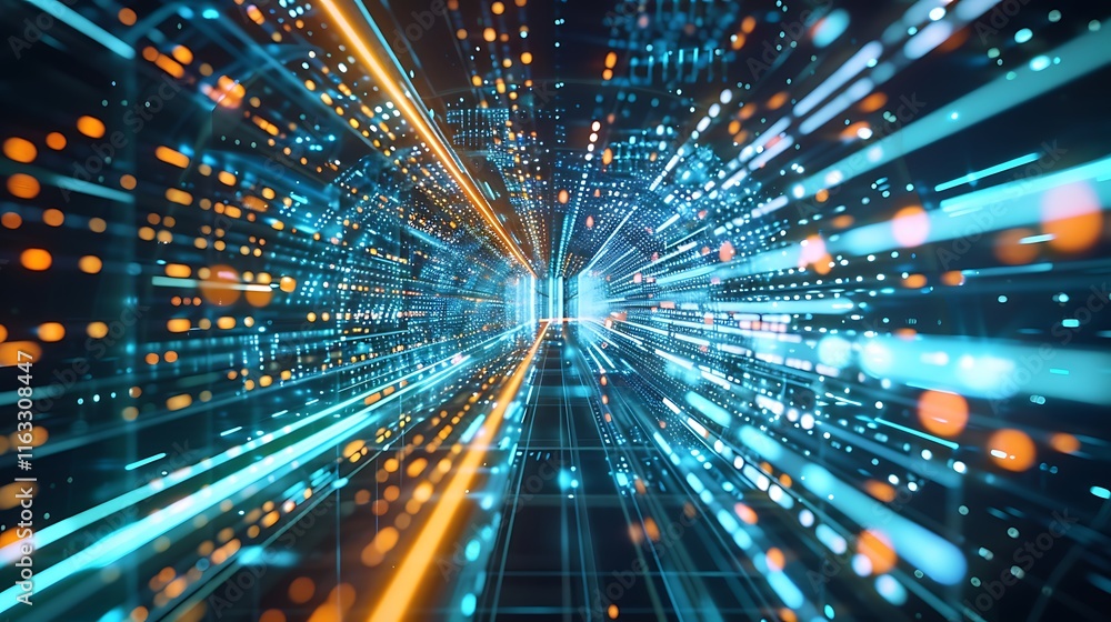 Poster abstract digital art depicting a data stream, showcasing fast-paced information flow through cybersp
