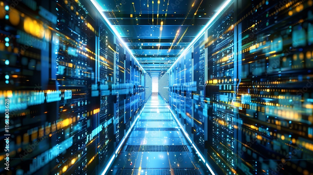 Poster futuristic depiction of a data center, showcasing the immense scale and complexity of modern digital