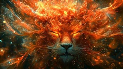 Fiery Lion Abstract Art Fantasy Creature Mystical Mane Orange Glowing Power Energy