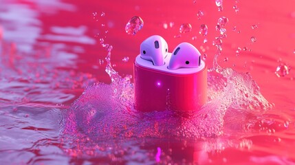 Premium AirPods with a matte red case and glowing purple accents, floating amidst textured water; motion-blurred splashes add depth against the red background.